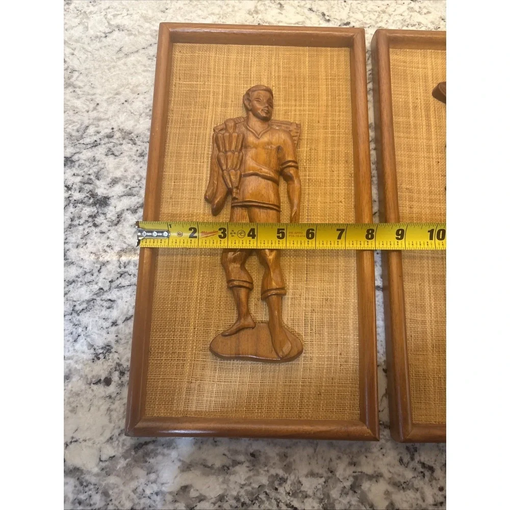 2 Vintage 1960s Mid Century Carved Teak Woman‎ and Man Wall Plaques 15x8in wood